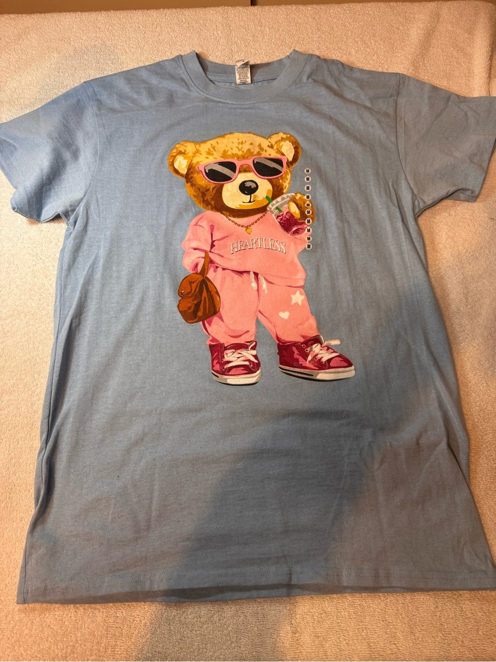 Women’s Heartless Blue Tee with Pink Bear Graphic. Size Medium. New with tags
